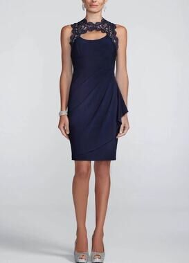 XSCAPE Size 12 Navy Lace Sheer Matte Jersey Ruched Waist Dress